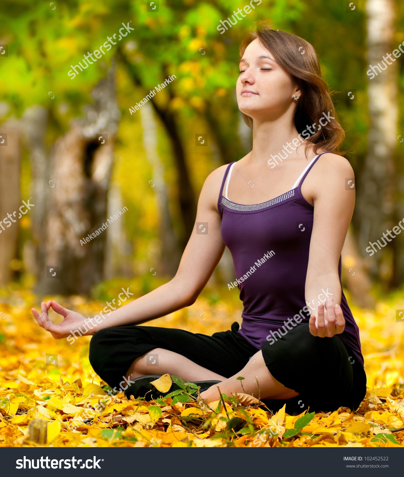 Young Woman Doing Yoga Exercises In The Autumn City Park. Fall Stock ...