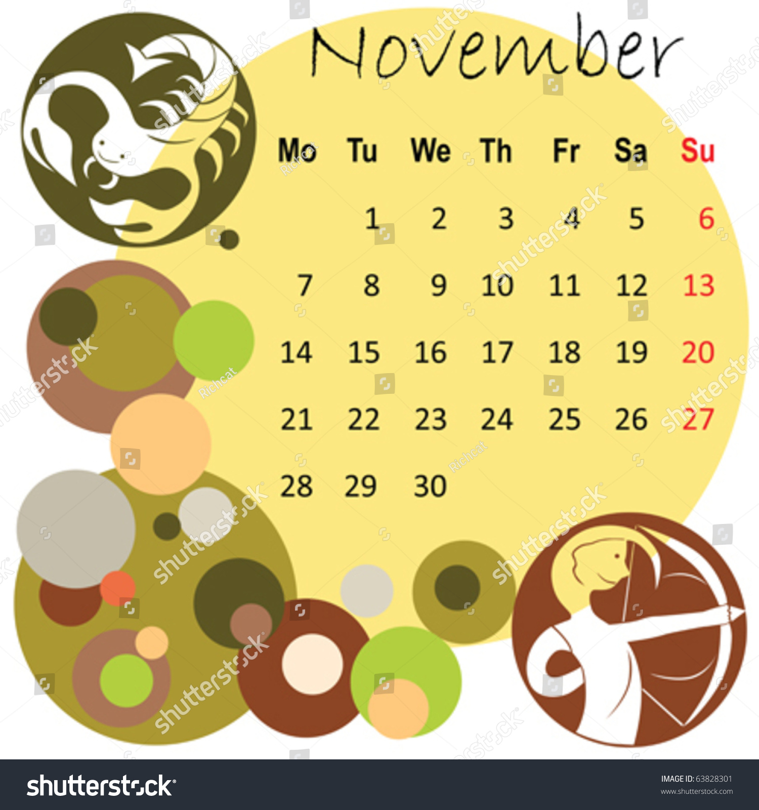 2011 Calendar November Zodiac Signs Stock Vector 63828301 Shutterstock