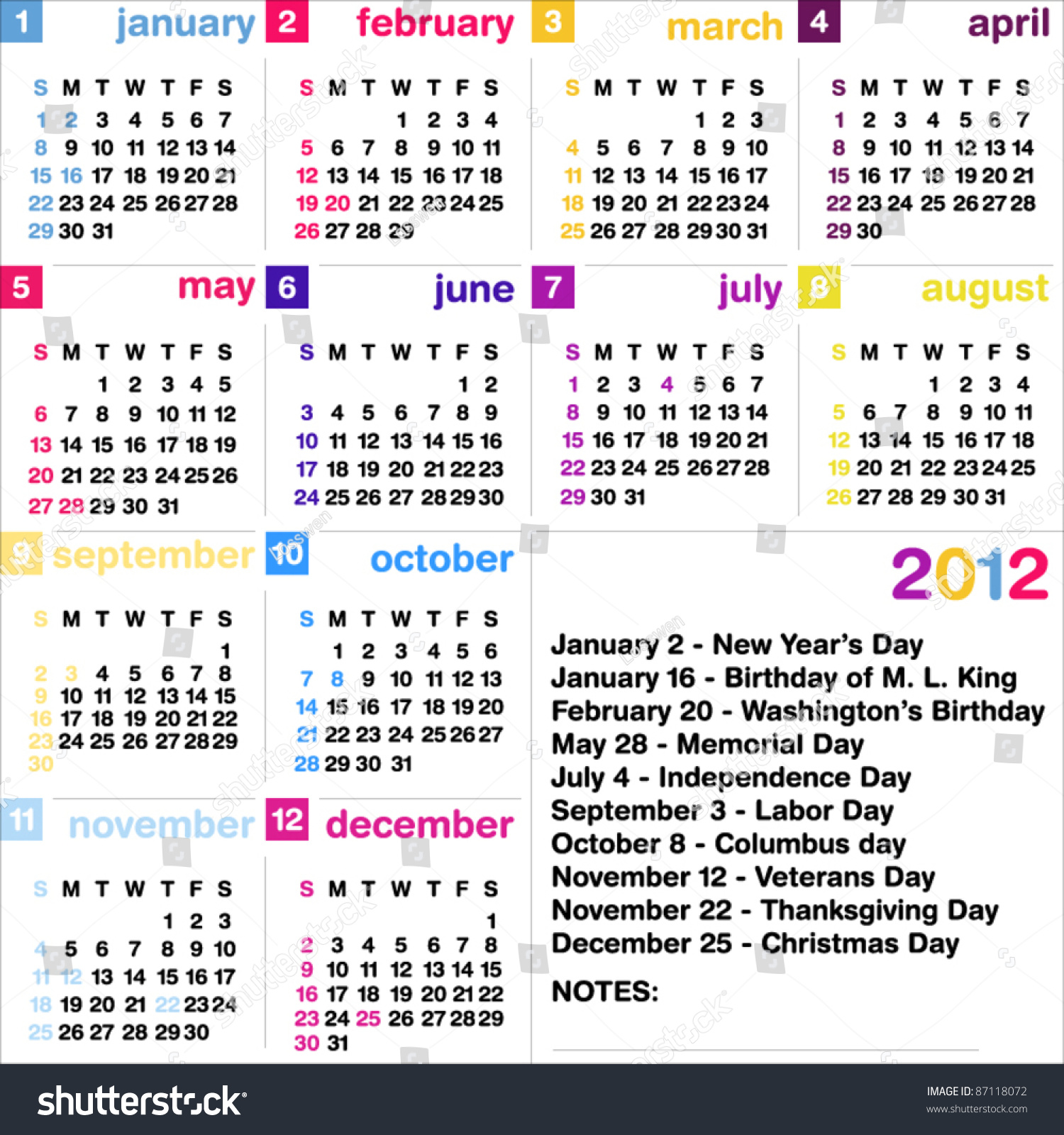 2012-calendar-with-official-usa-holidays-weeks-start-on-sunday-stock