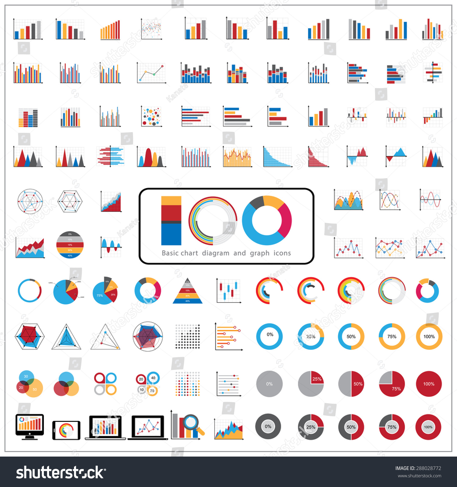 100 Charts Diagrams And Business Graphs Icons Set. Stock Vector