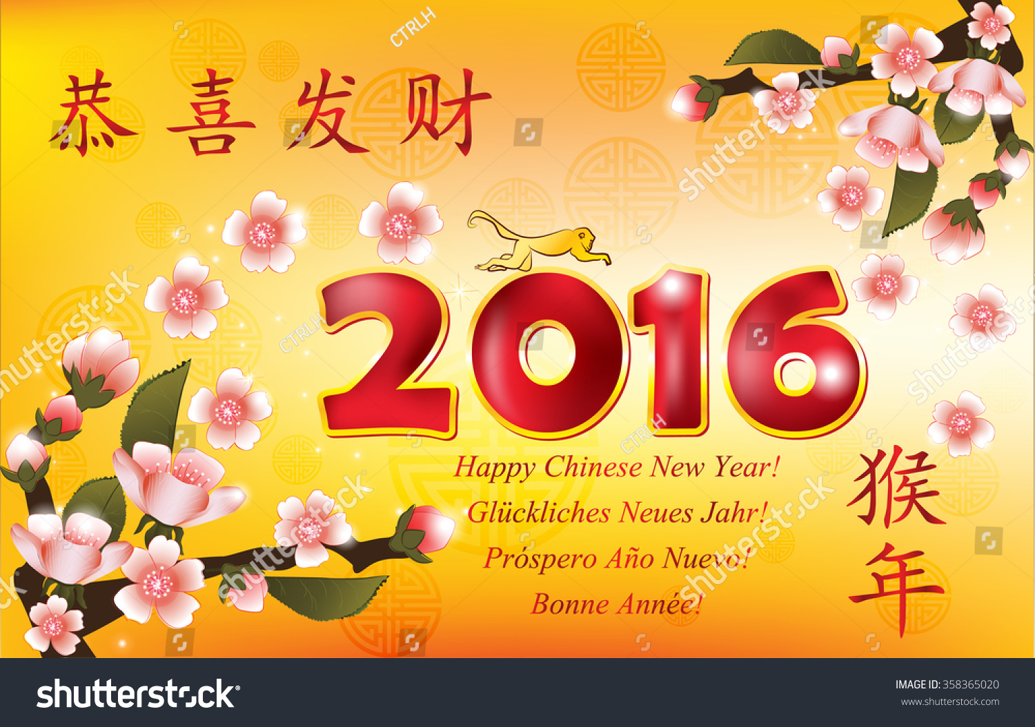 2016 Chinese New Year Greeting Card In Many Languages. Text Translation