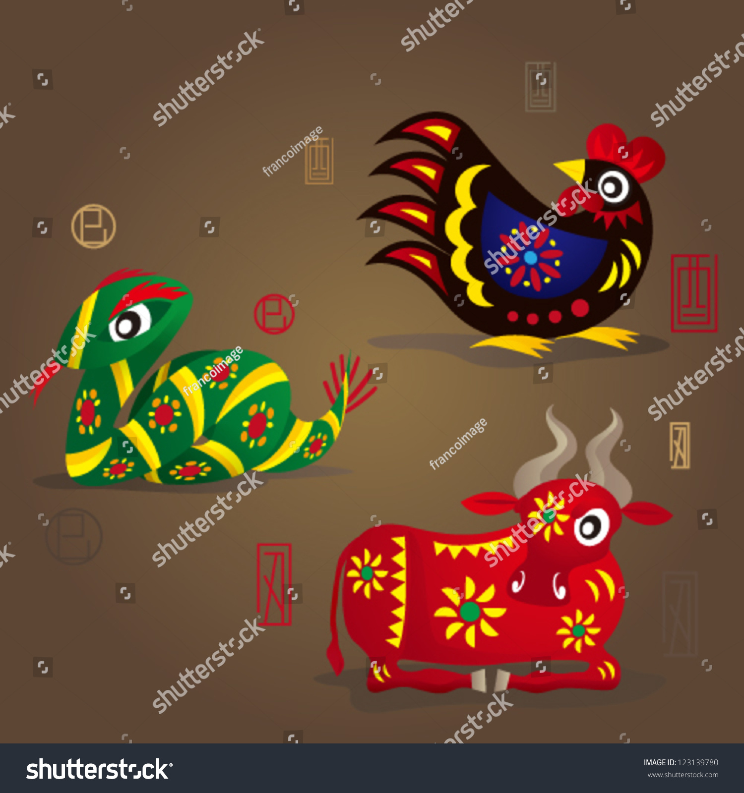 3 chinese zodiac mascots rooster snake stock vector 3 chinese zodiac mascots rooster snake stock vector