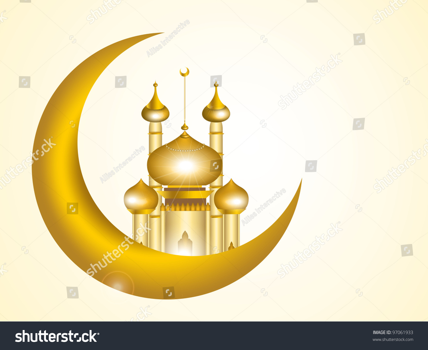 3d Image Of Mosque With Moon In Golden Color For Muslim Celebration