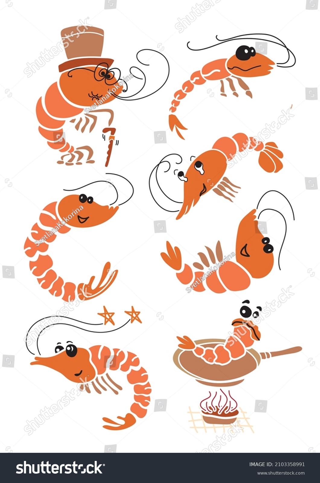 Different Cartoon Shrimps Seafood Clipart Stock Vector Royalty Free