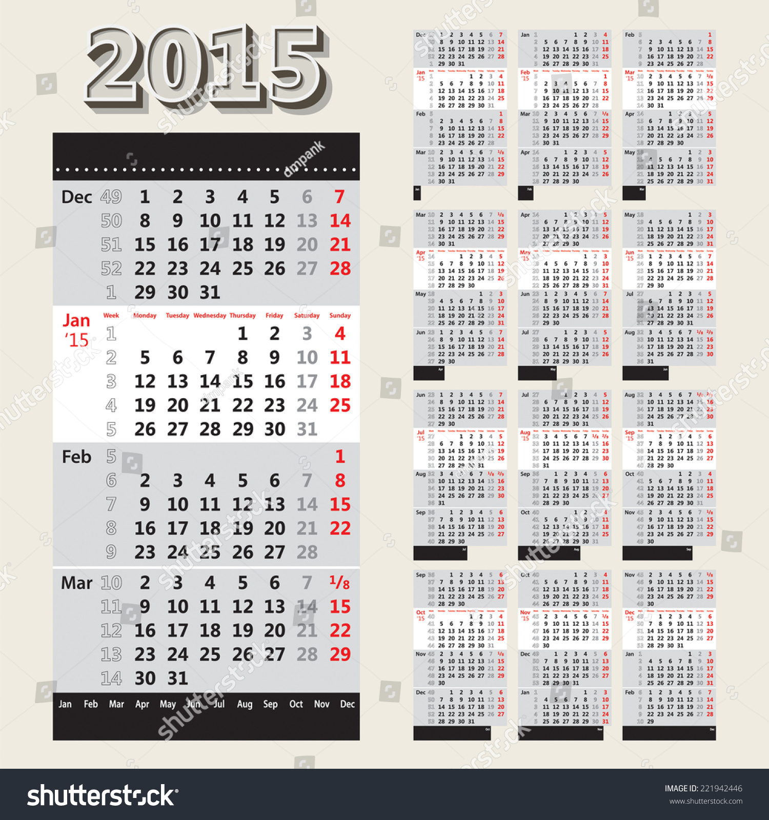2015 European Style Calendar Grid With Week Numbers (4 Month View