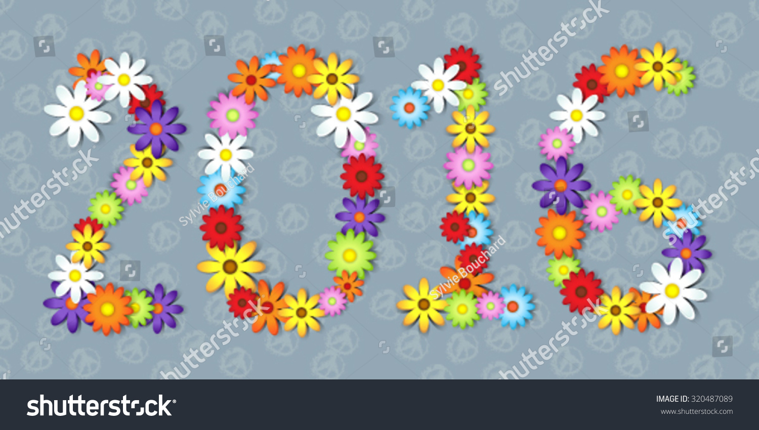 2016 In Colorful Flowers Over Peace Symbol Background Stock Vector