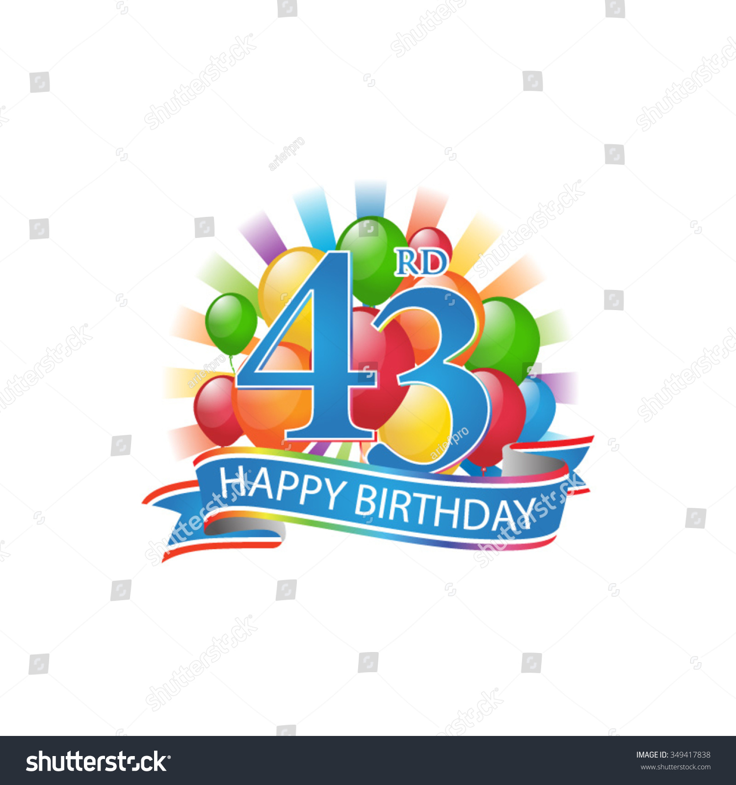 43rd Colorful Happy Birthday Logo With Balloons And Burst Of Light