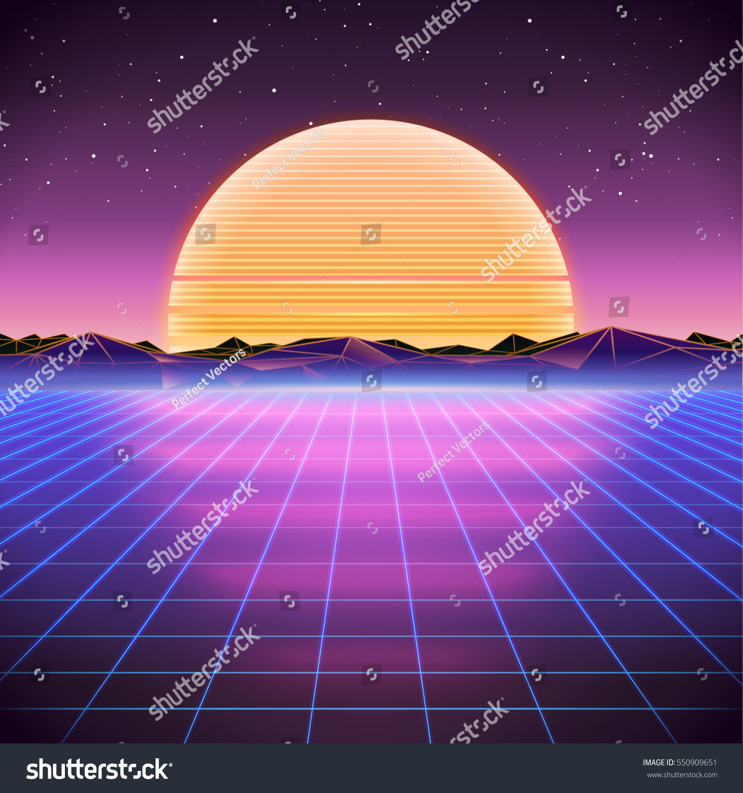 S Retro Sci Fi Background With Sunset Vector Retro Futuristic Synth