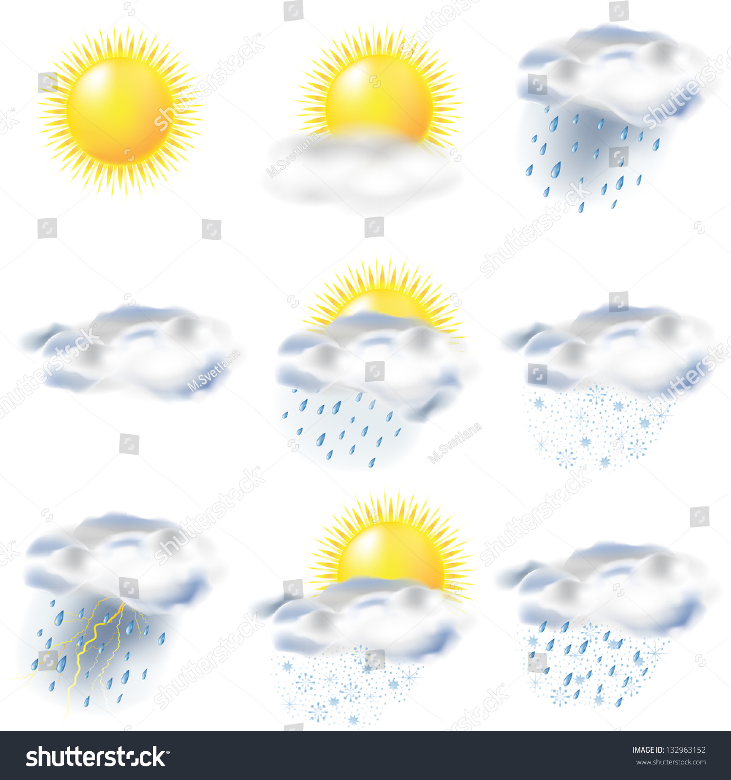 Weather Icons Sun Rain Snow Storm Clouds Stock Vector Illustration