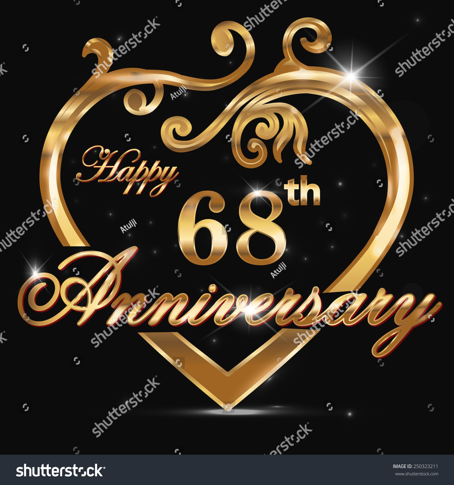 68 Year Anniversary Golden Heart, 68th Anniversary Decorative Golden ...