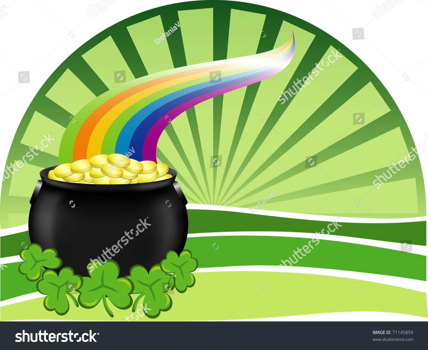 A Big Pot Of Gold With Rainbow, Shamrocks And A Green Background Stock