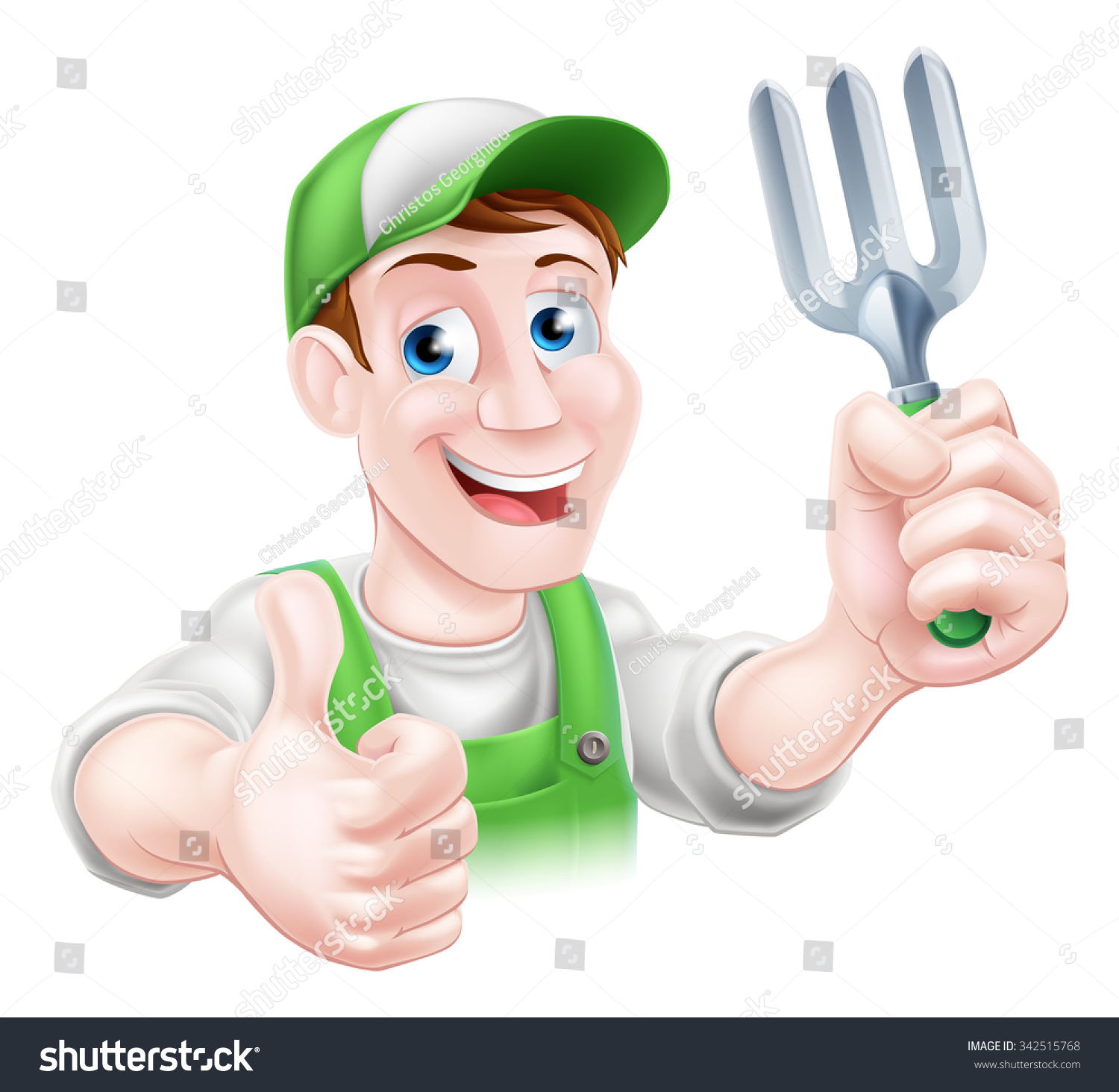 A Cartoon Gardener Character In A Cap And Green Dungarees Holding A