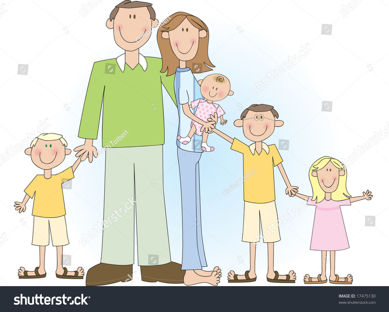 A Cartoon Vector Drawing Of A Large Family Including Father, Mother