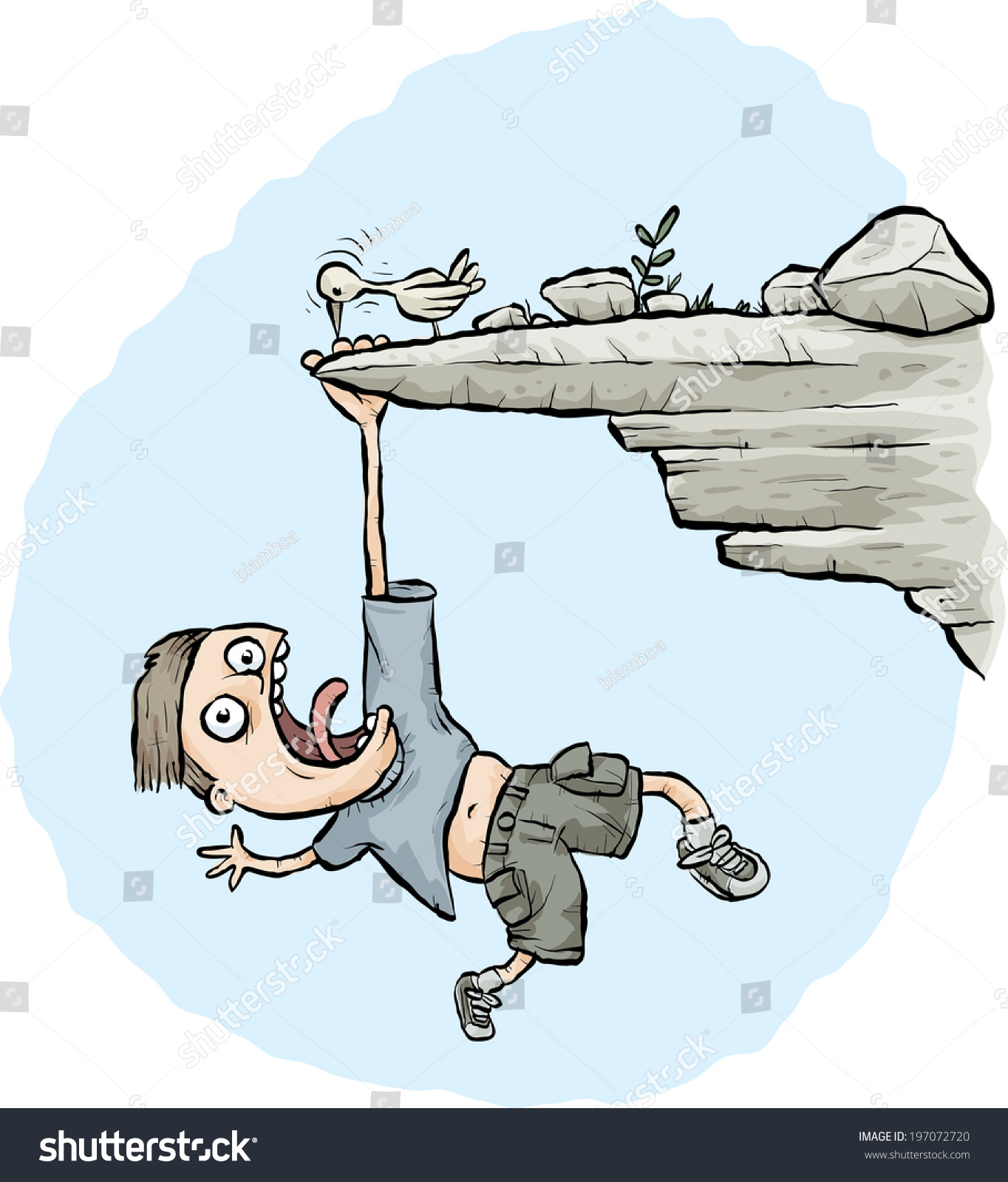 Cartoon Young Man Hangs Rock Ledge Stock Vector 197072720 - Shutterstock