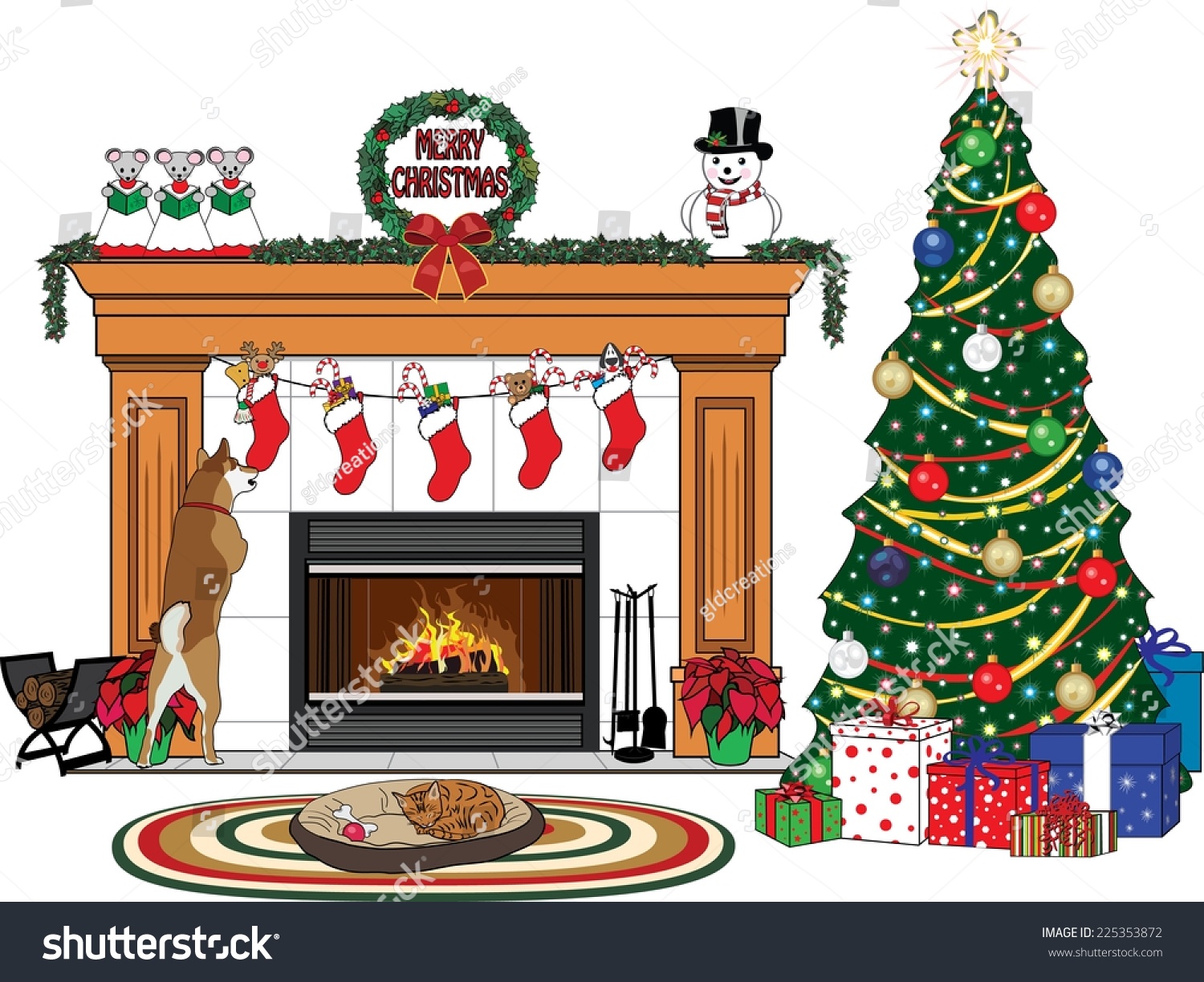 Stock Vector A Christmas Scene With A Christmas Tree Stockings With Presents A Fireplace A Dog Checking Out 225353872 Christmas Scene Christmas Tree Christmas