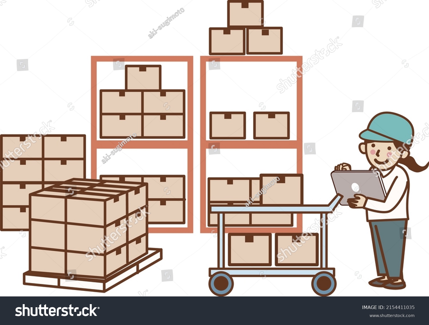 Female Worker Carrying Luggage On Dolly Stock Vector Royalty Free