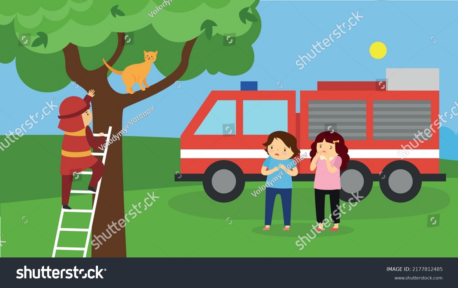 Fireman Removes Cat Tree Stock Vector Royalty Free 2177812485