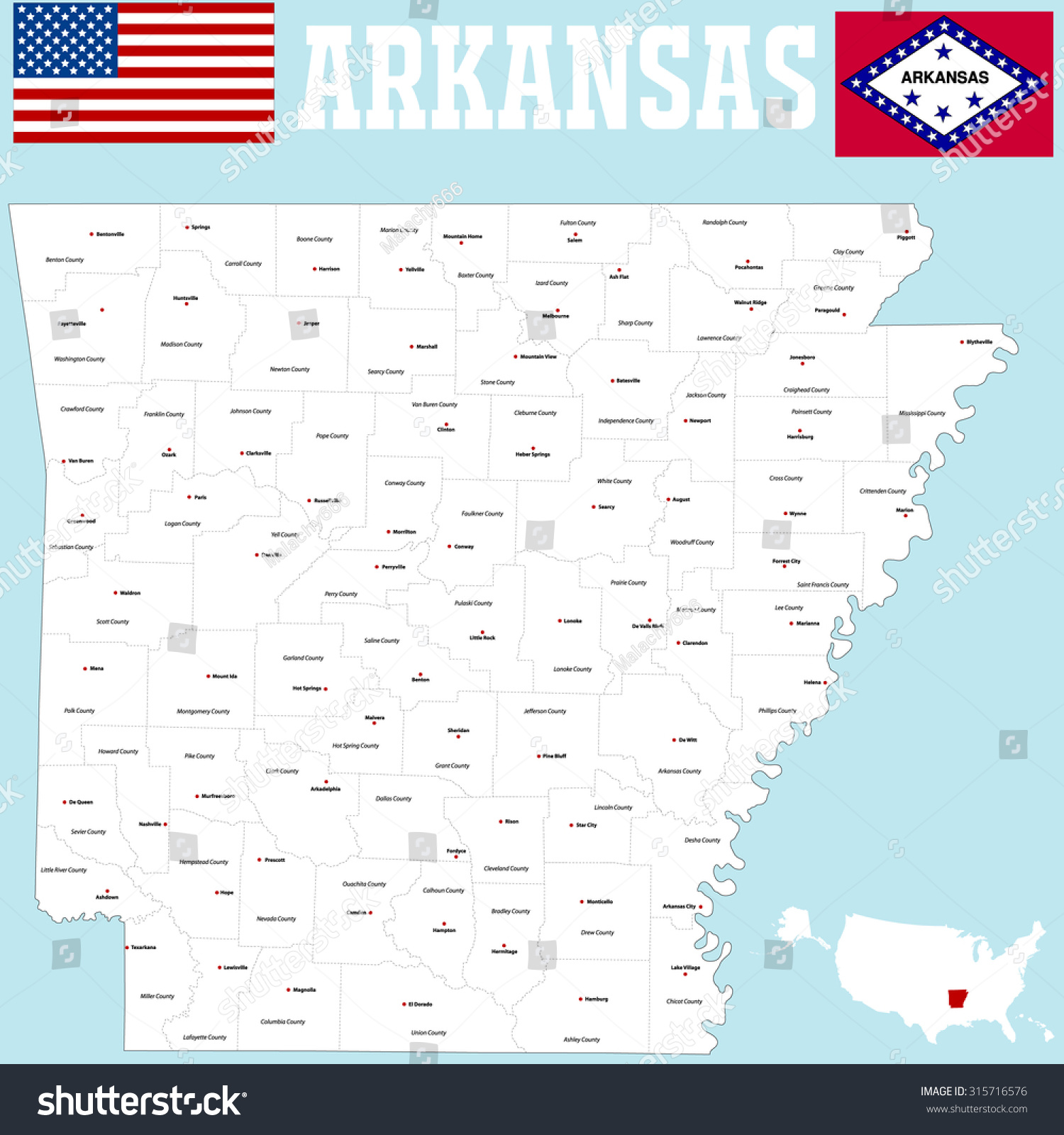 Large Map State Arkansas All Counties Stock Vector 315716576 - Shutterstock