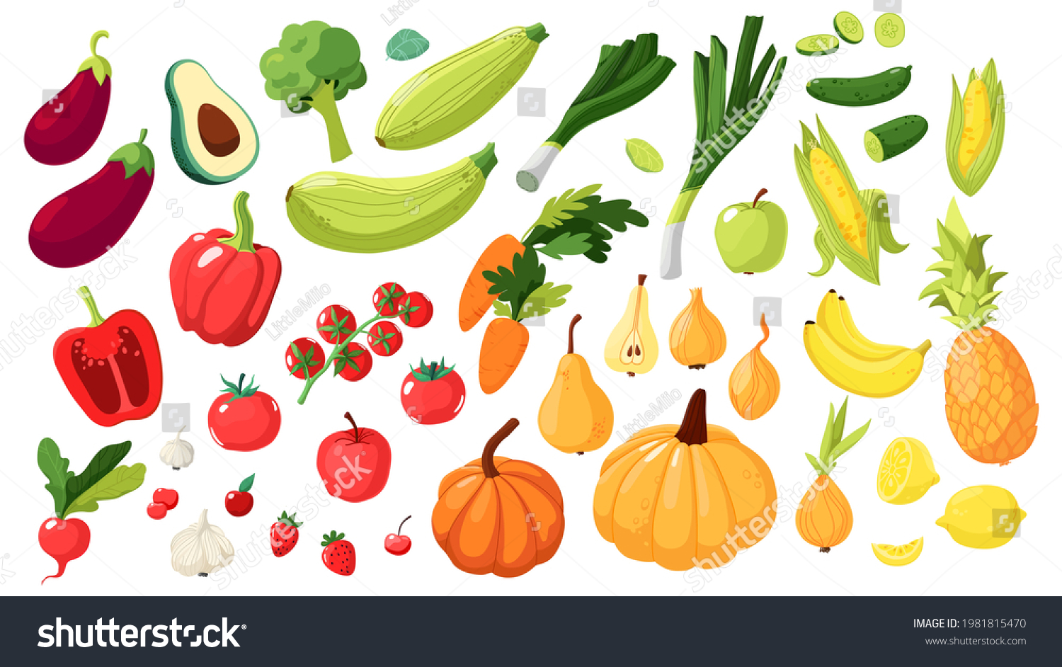 Large Set Fruits Vegetables Berries Healthy Stock Vector Royalty Free