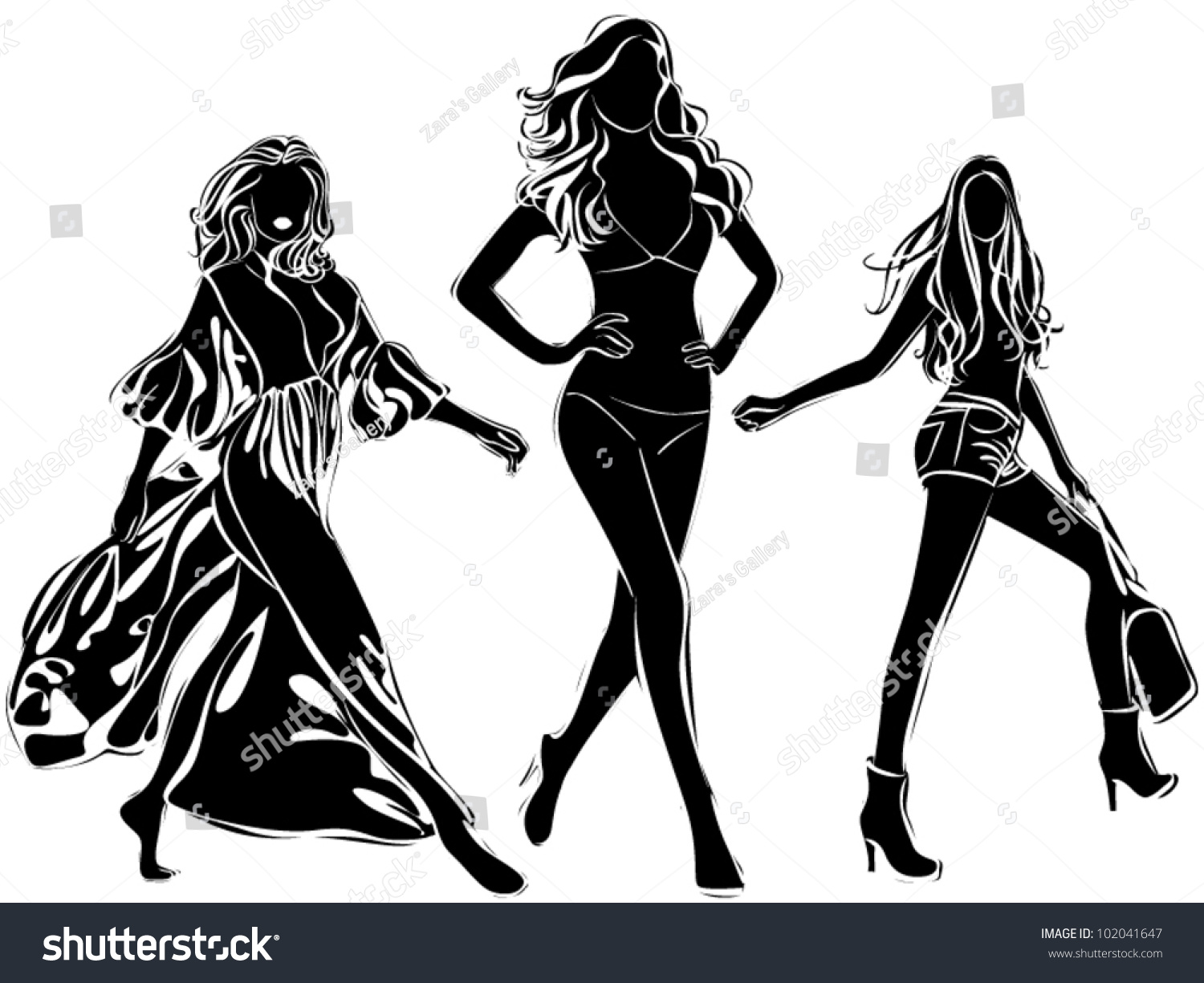 A Lot Of Vector Black Silhouettes Of Beautiful Women On White