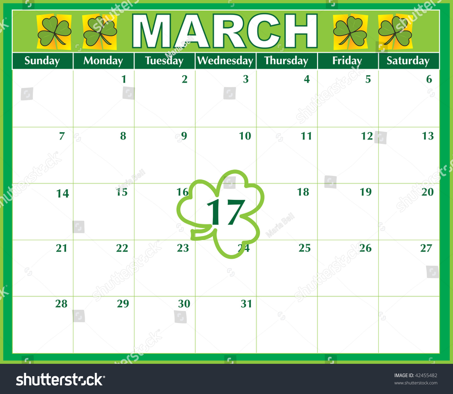 A March Calendar Showing The St. Patrick'S Day Marked Prominently Stock