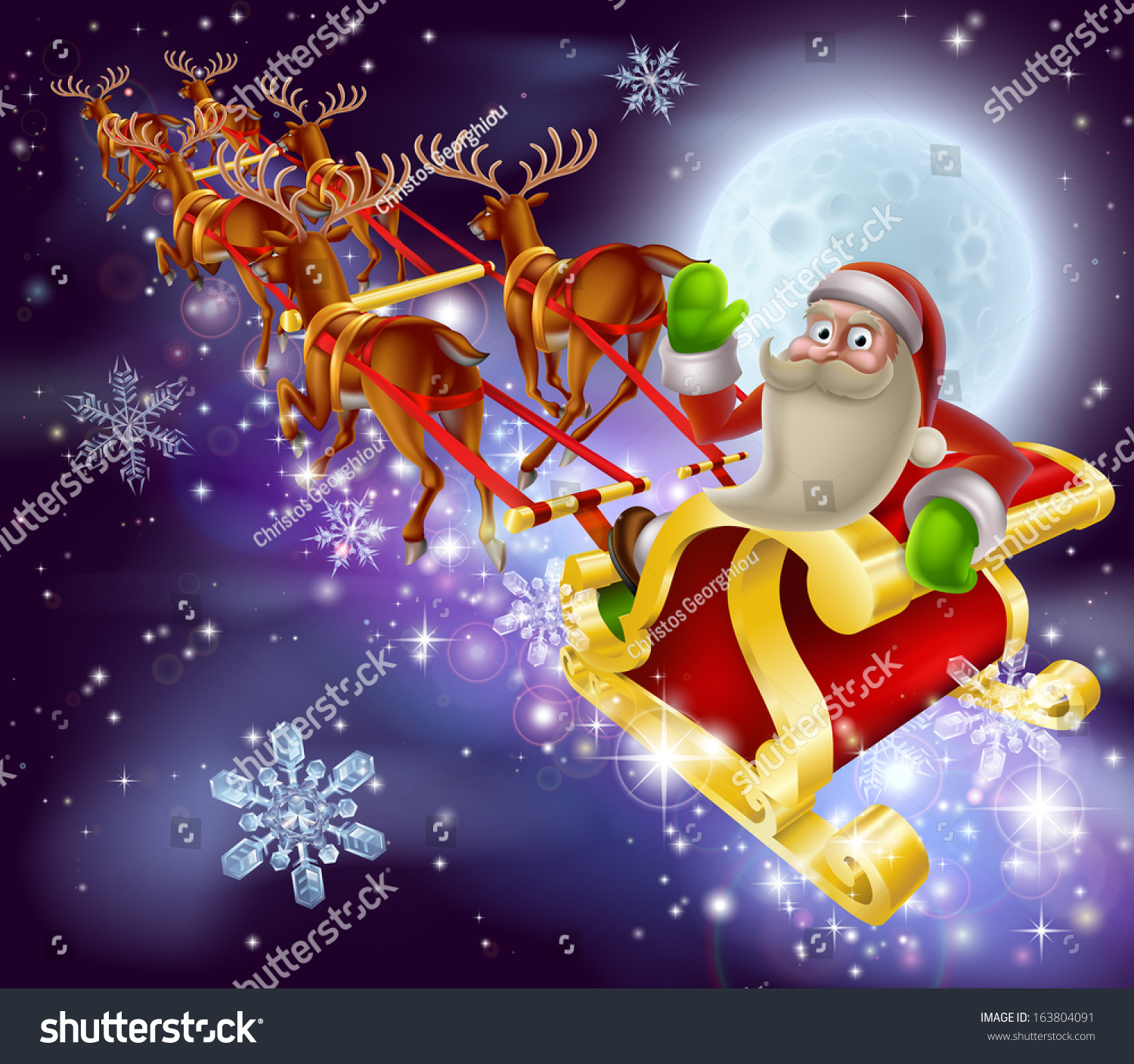 A Santa Claus Sleigh Christmas Scene Of Santa Claus Flying Through The 