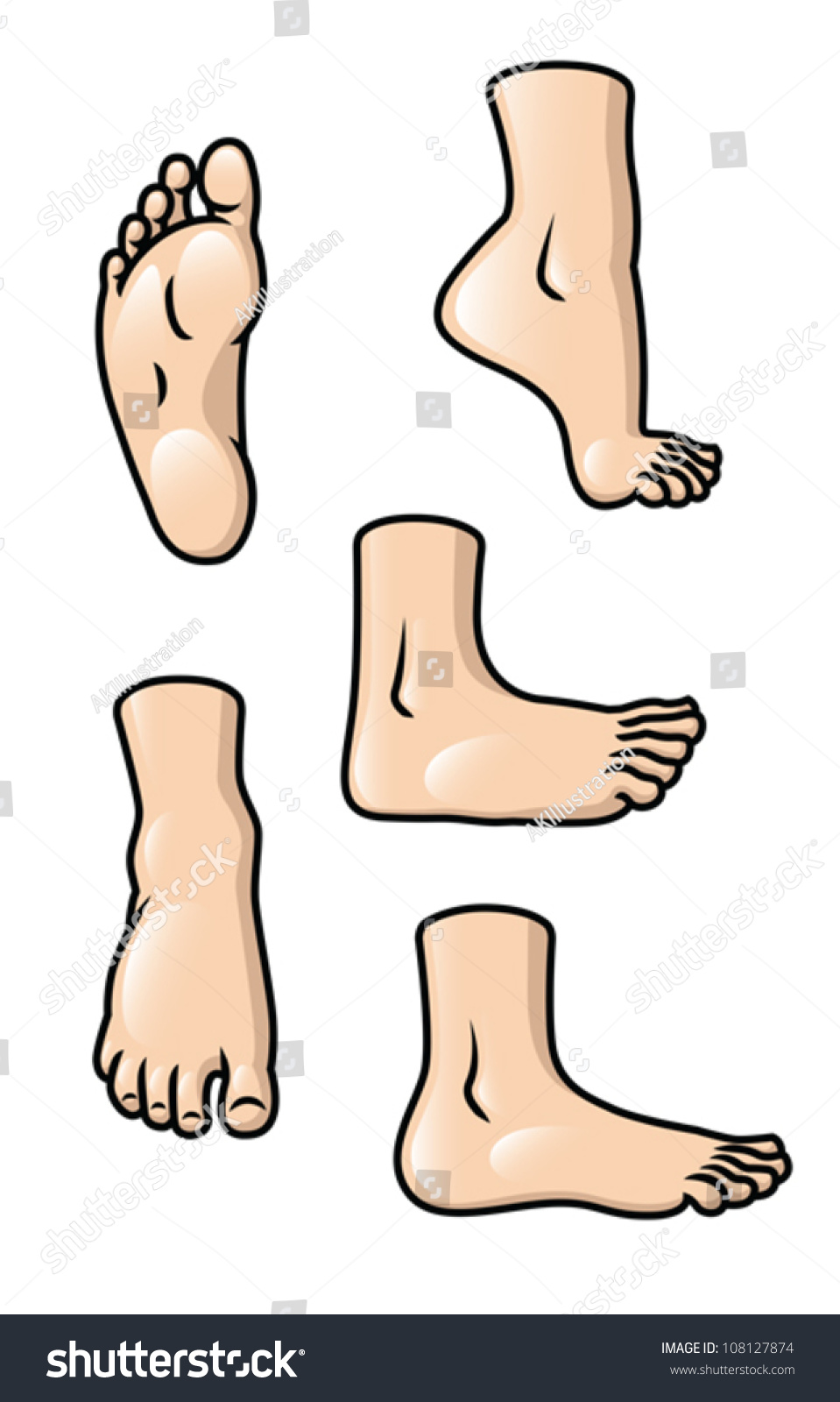 A Set Of 5 Different Cartoon Feet In Various Poses. Eps 10 Vector