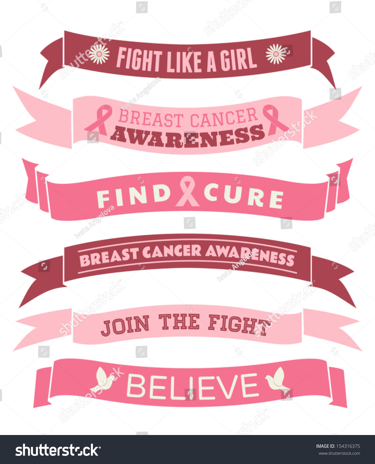 A Set Of Pink Breast Cancer Awareness Banners And Ribbons Isolated On