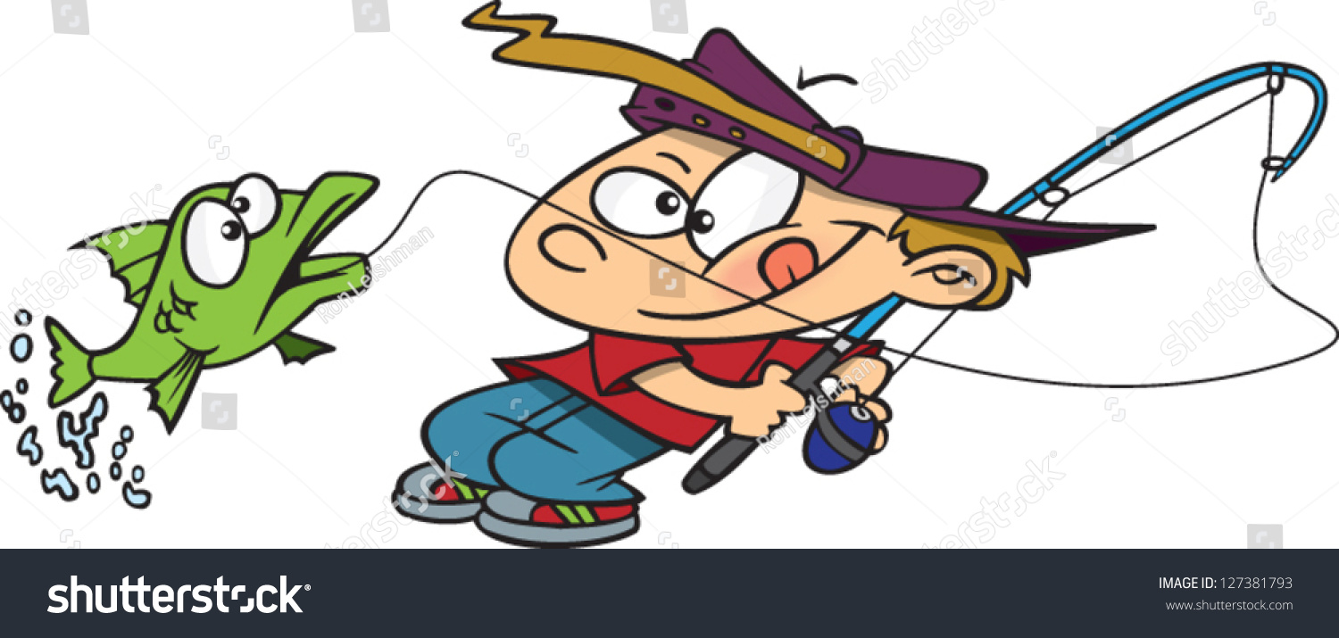 Download A Vector Illustration Of Cartoon Boy Catching A Fish With ...