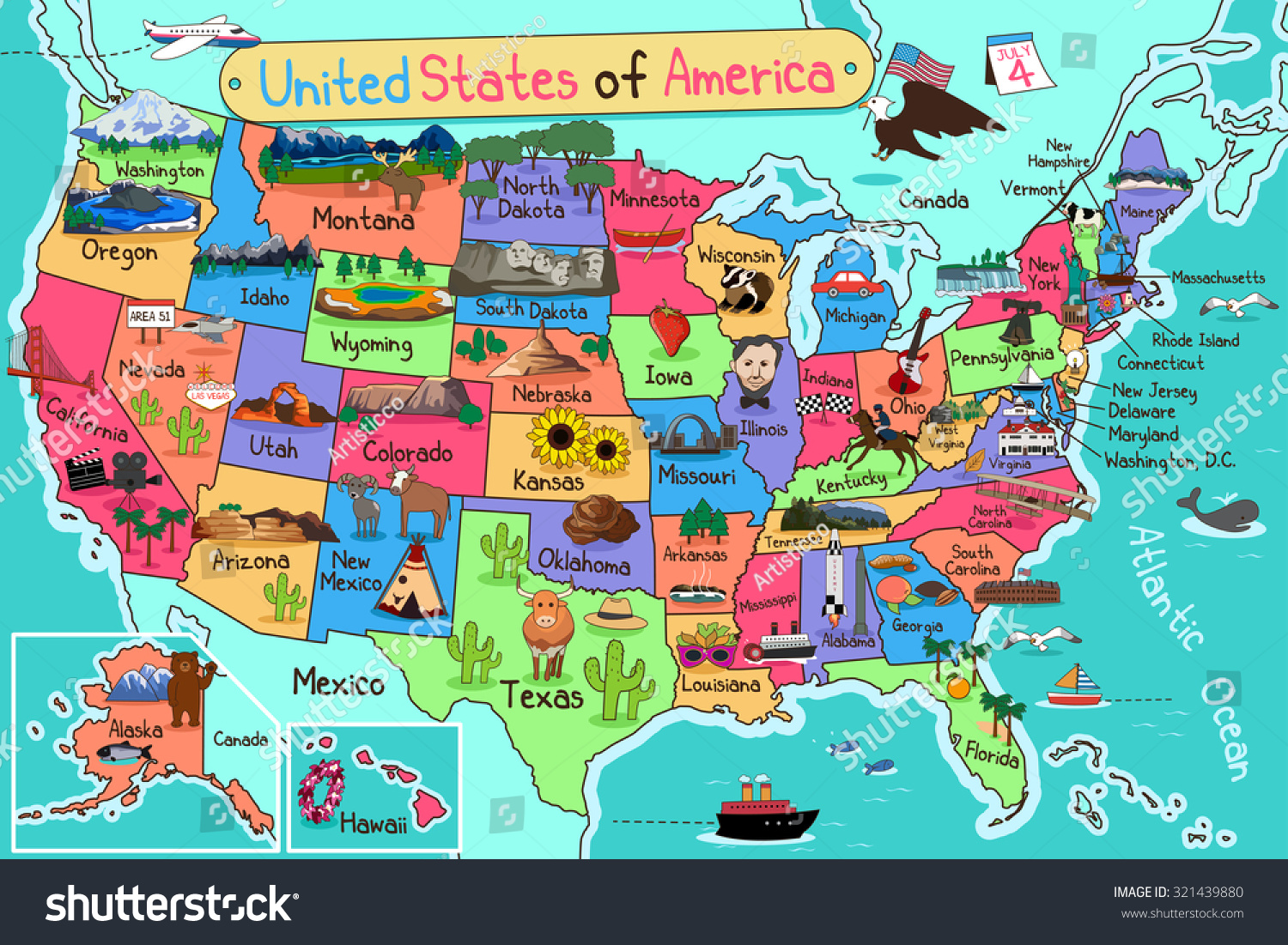 A Vector Illustration Of Usa Map In Cartoon Style - 321439880