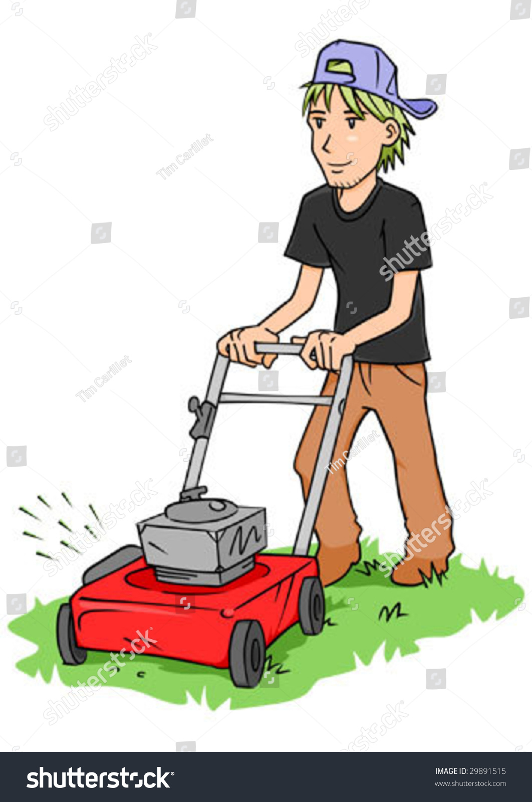 A Young Man Cutting Grass With A Push Lawn Mower. Stock Vector