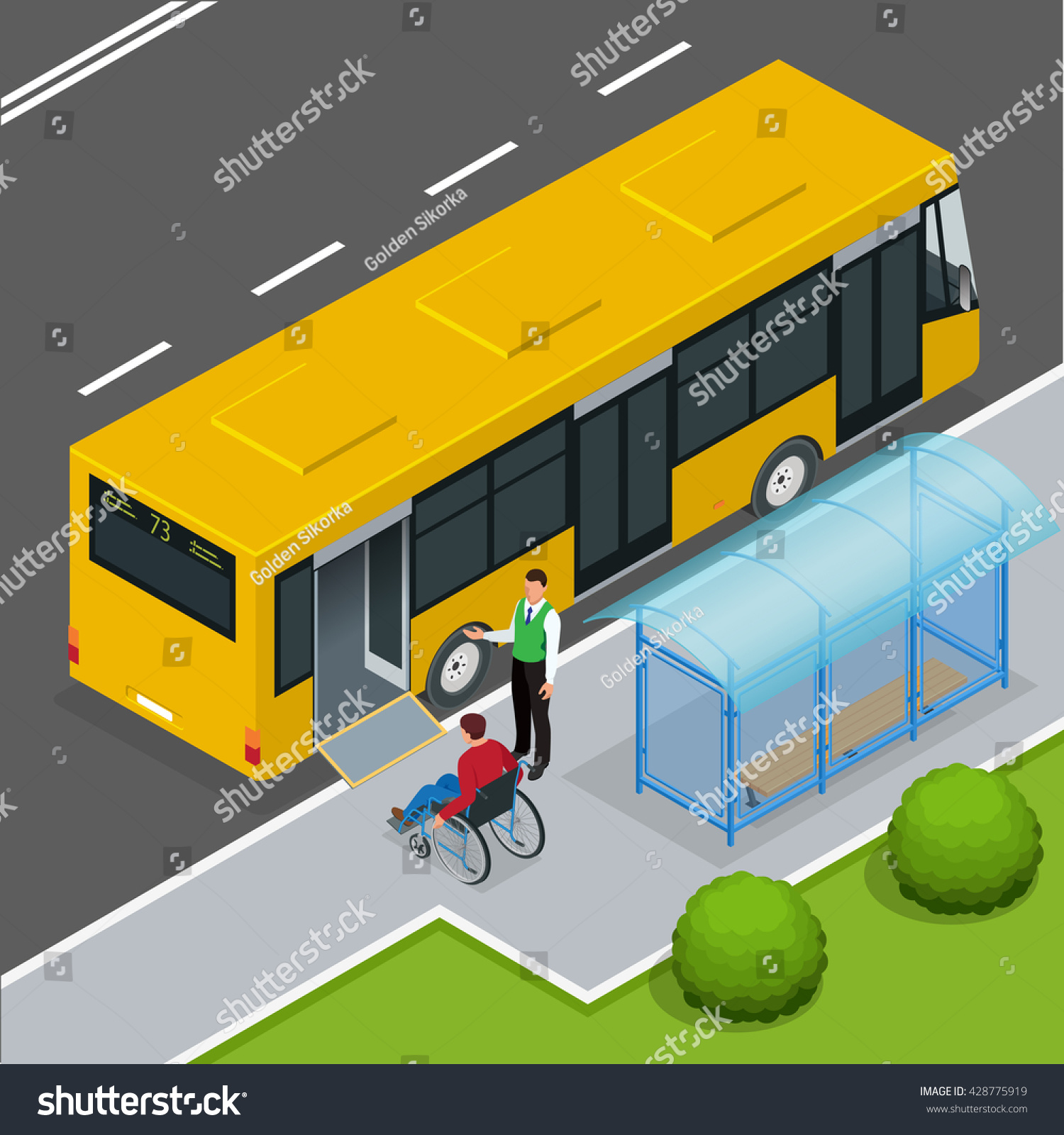 Access ramp for disabled persons and babies in a bus Man in a wheelchair at a bus stop Driver helping Man enter into the Bus via wheelchair ramp Flat 3D vector isometric illustration Access ramp for disabled persons and babies in a bus Man in a wheelchair at a bus stop Driver helping Man enter into the Bus via wheelchair ramp Flat 3D vector isometric illustration