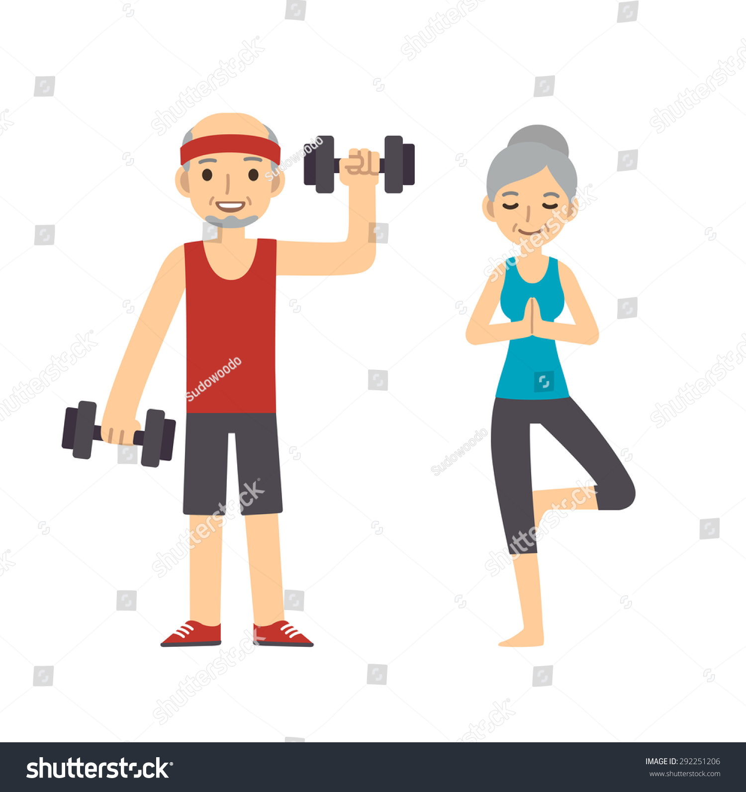 Active and healthy senior couple cartoon man with dumbbells and woman doing yoga isolated on white background Modern minimalistic flat vector style Active and healthy senior couple cartoon man with dumbbells and woman doing yoga isolated on white background Modern minimalistic flat vector style