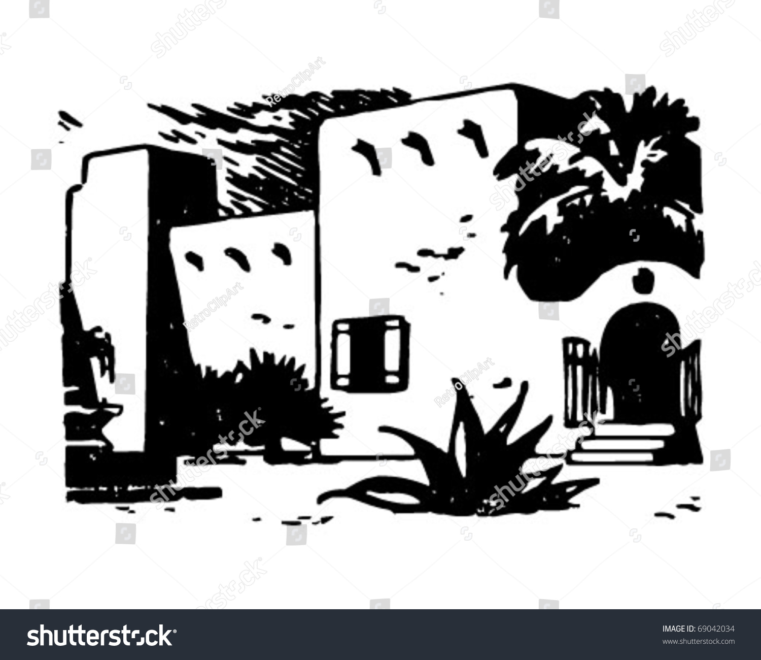 Adobe Hacienda - Retro Clipart Illustration - 69042034 : Shutterstock