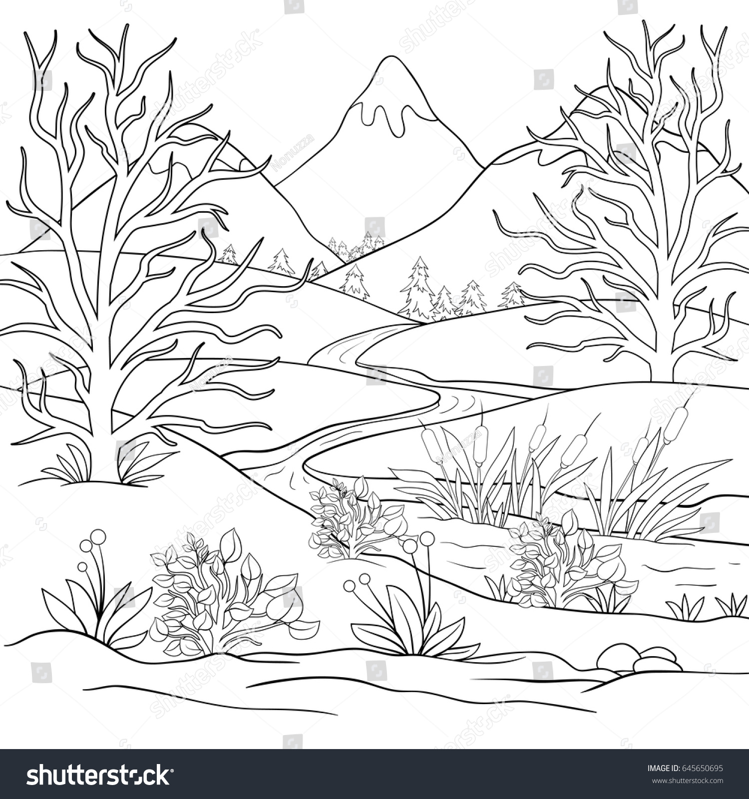 Adult Coloring Pagebook Mountains Landscape Art Stock Vector