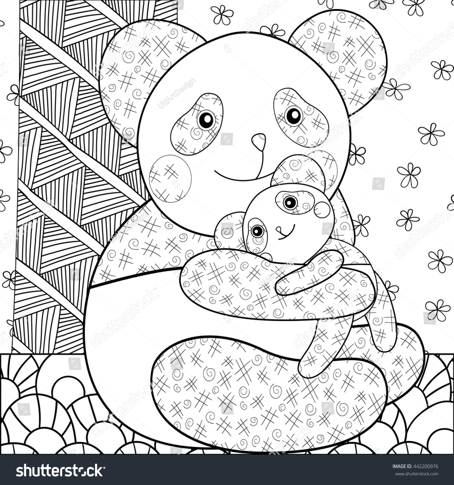 Adult Coloring Page Cute Panda Hugging His Baby. Whimsical Line Art