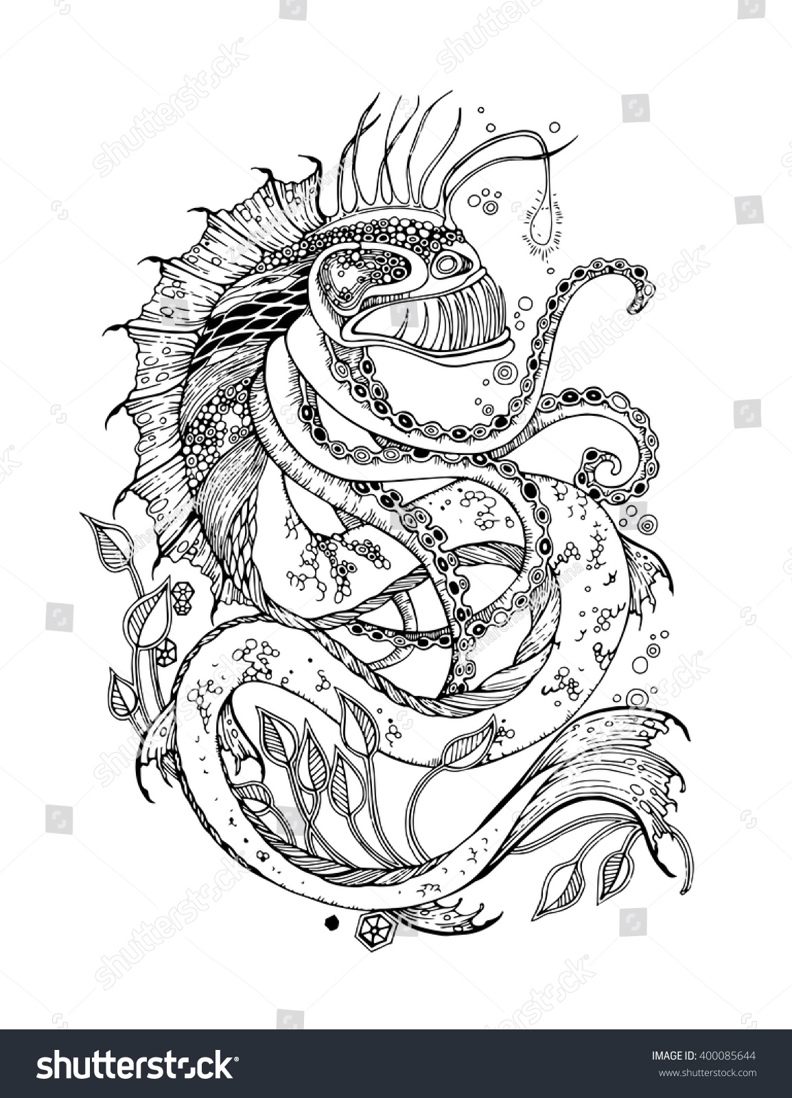 Adult Coloring Page With Sea Monster. Vector Eps 10 Format. 400085644