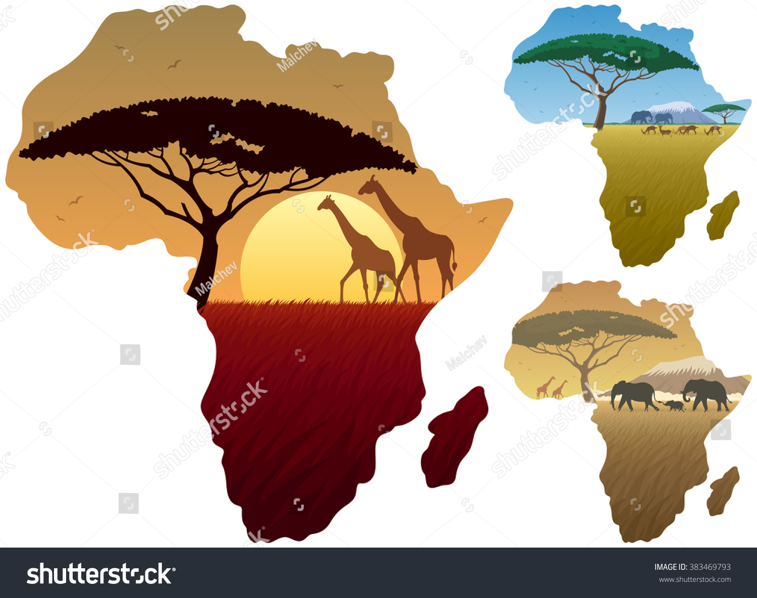 Vektor Stok Africa Map Landscapes Three African Landscapes Tanpa