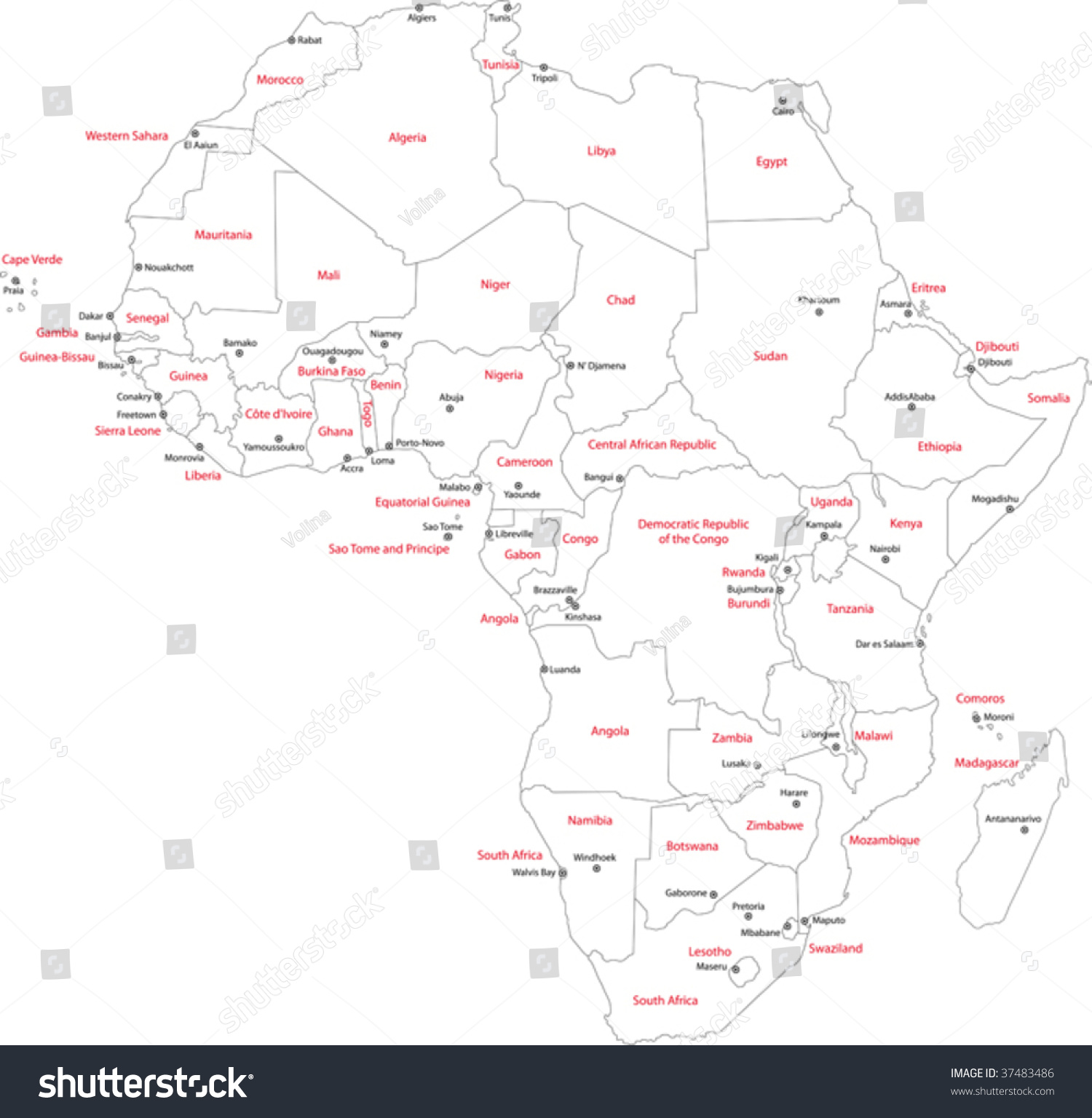Stock Vector Africa Map With Countries And Capital Cities 37483486 