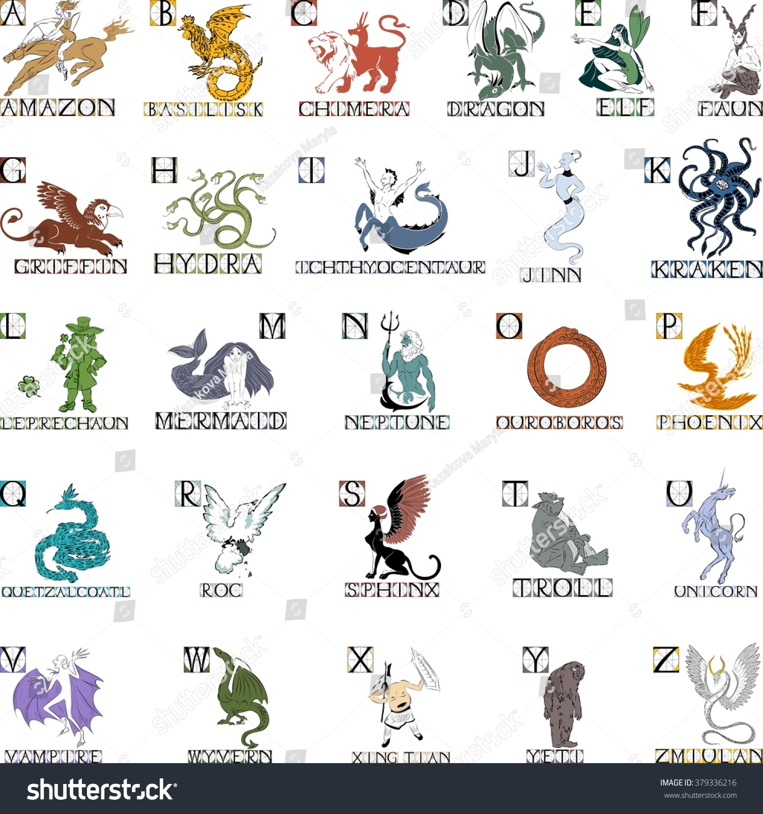 Alphabet With Silhouettes Of Mythical Creatures Stock Vector 379336216 ...