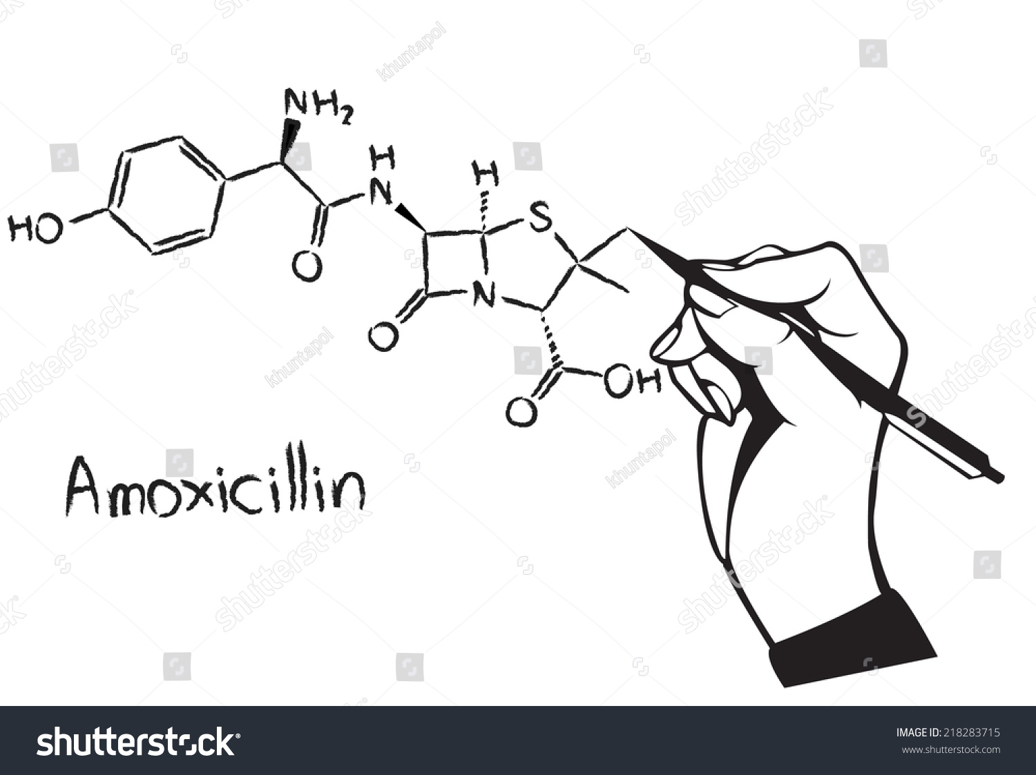 Amoxicillin Chemical Structure Drawing With Hand Stock Vector