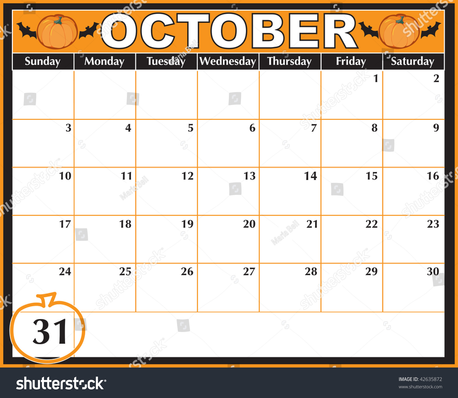 October Calendar Showing 31st Prominently Stock Vector 42635872
