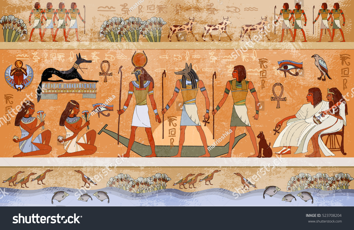 Ancient Egypt Scene Mythology Egyptian Gods Stock Vector