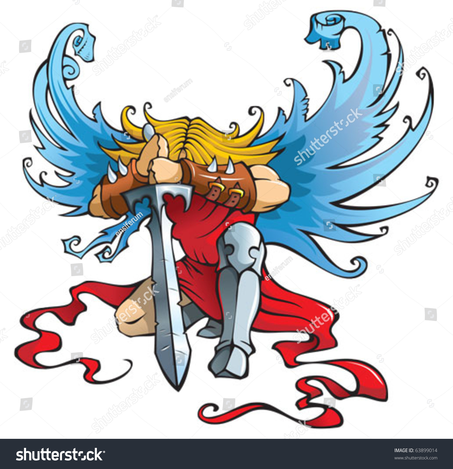 Angel With Large Sword, Kneeling With Open Wings, Vector Illustration