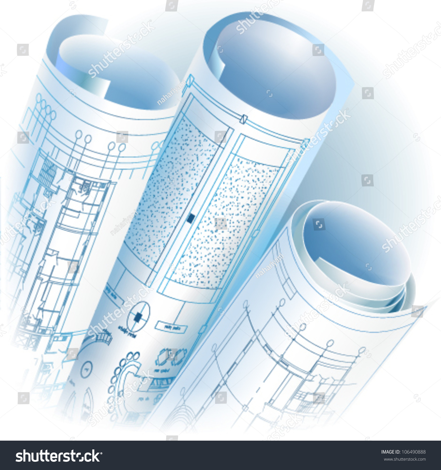 Architectural Background With Rolls Of Technical Drawings Vector Clip