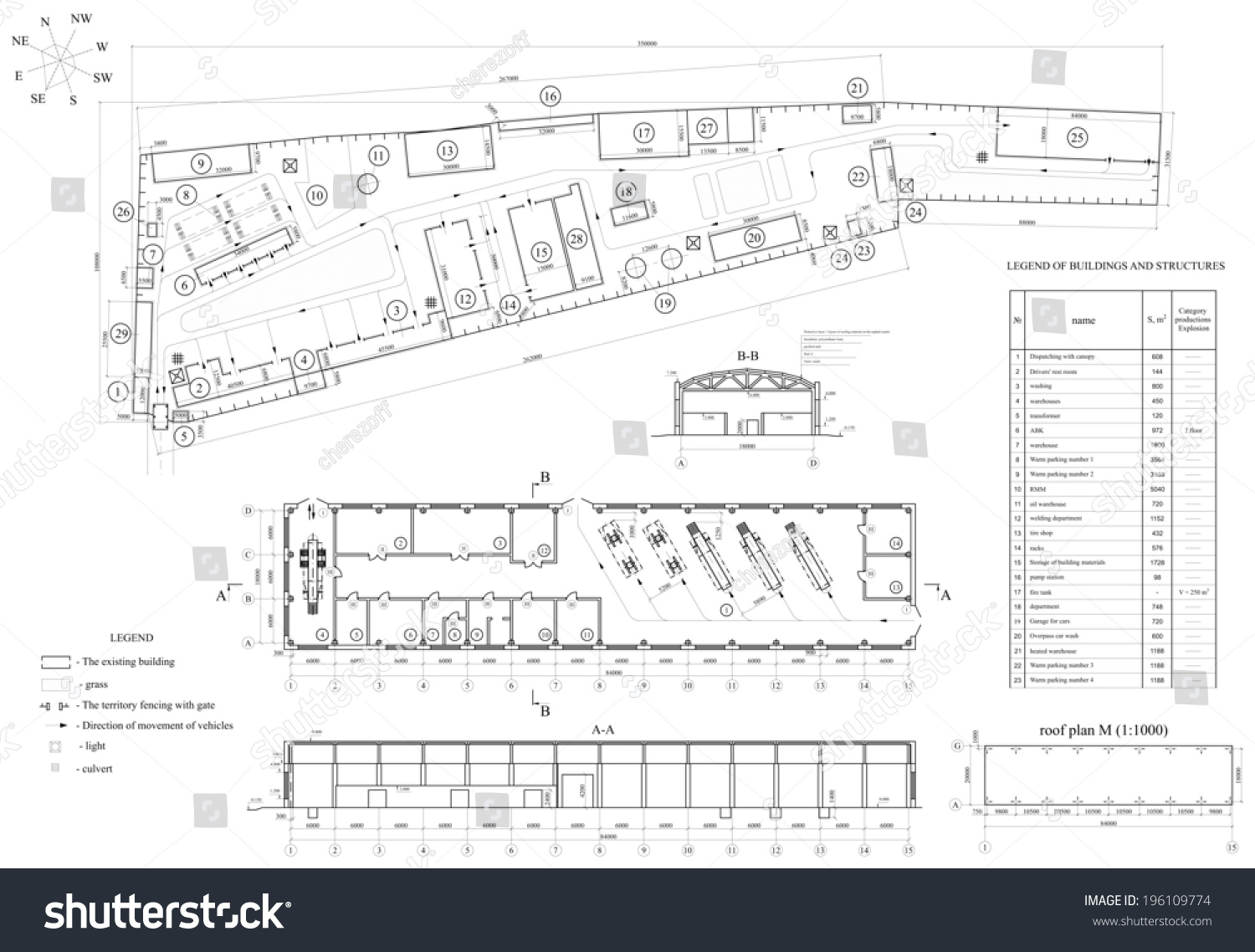 Architectural Drawing Of Vehicle Fleet. Industrial Building. Vector