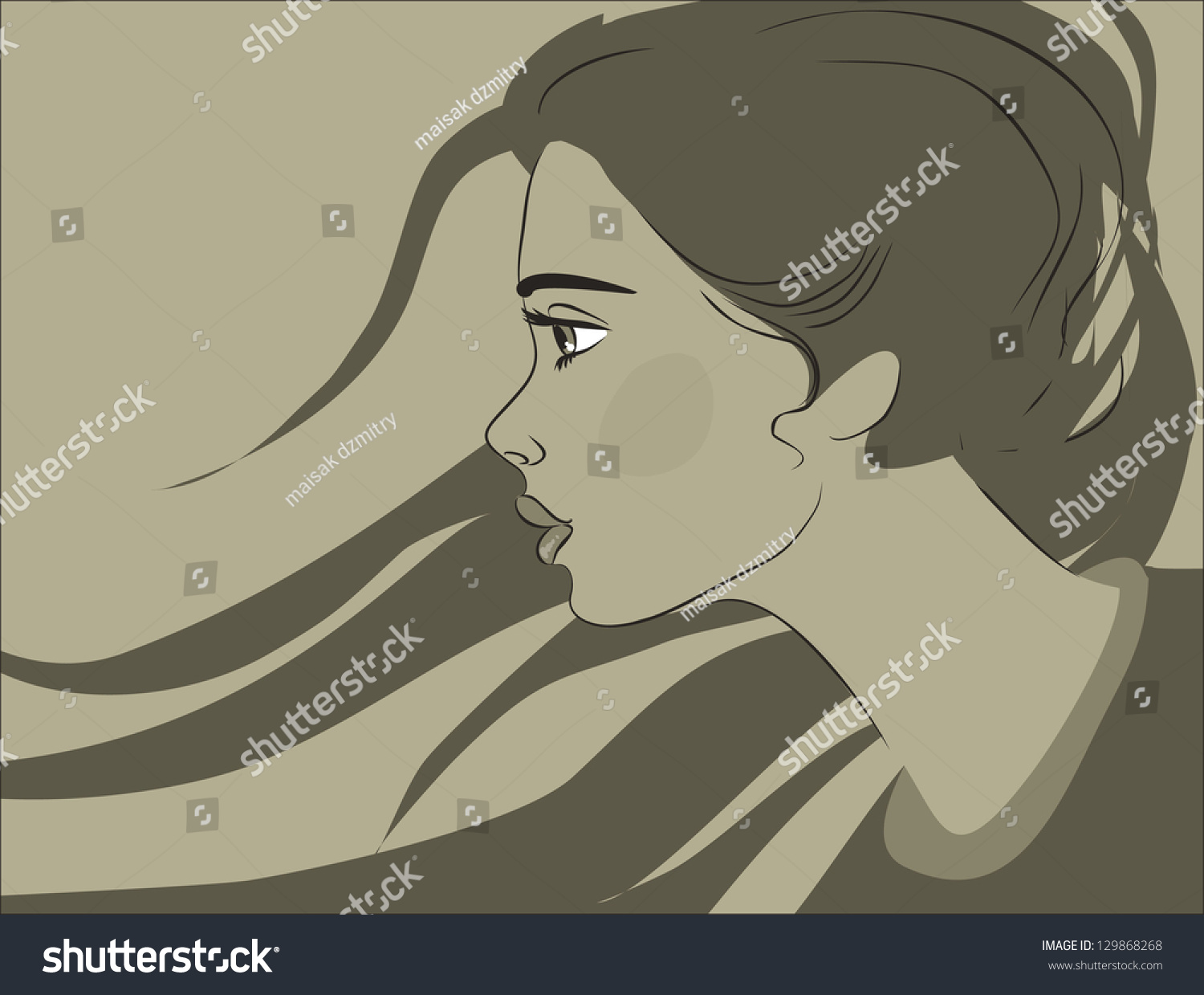 Art Sketching Vector Beautiful Melancholy Girl Face Symbols 129868268