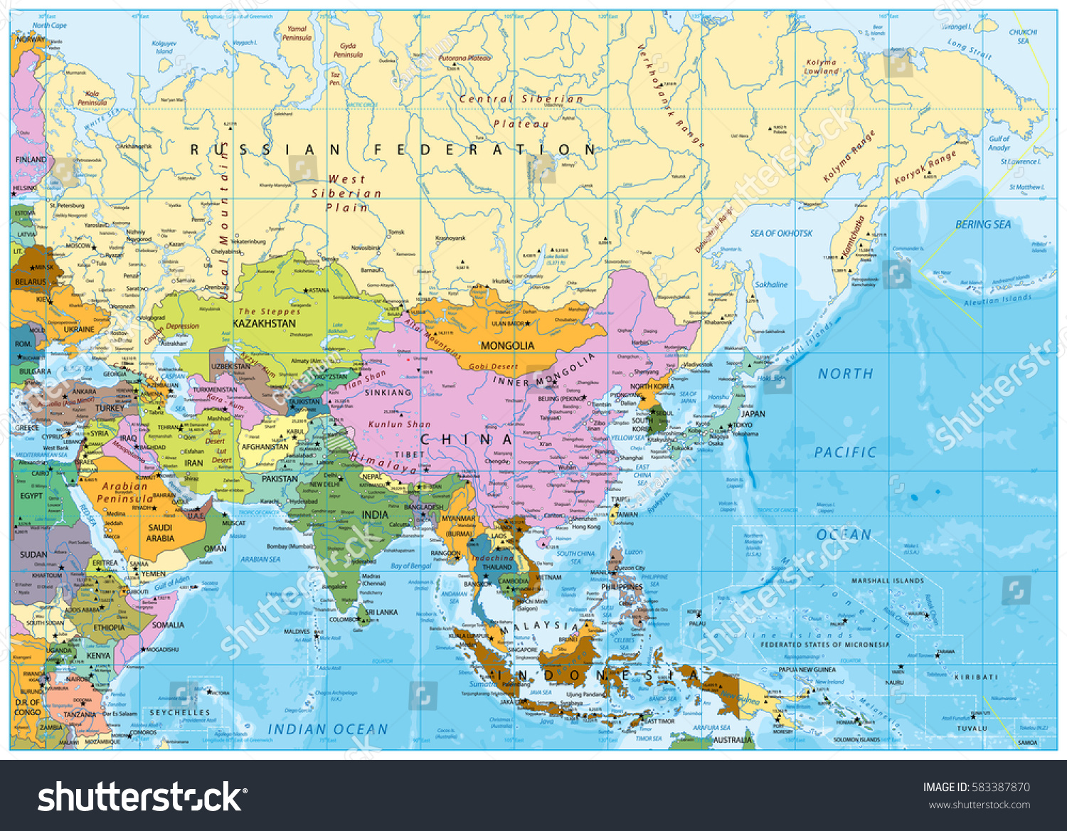 Vektor Stok Asia Political Map Rivers Lakes Elevations Tanpa Royalti