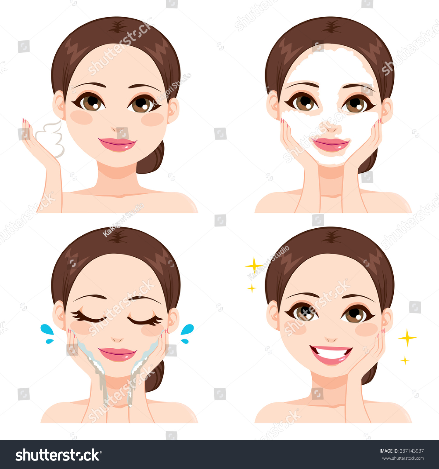 Attractive Young Woman Showing Four Steps For Washing Face Stock Vector