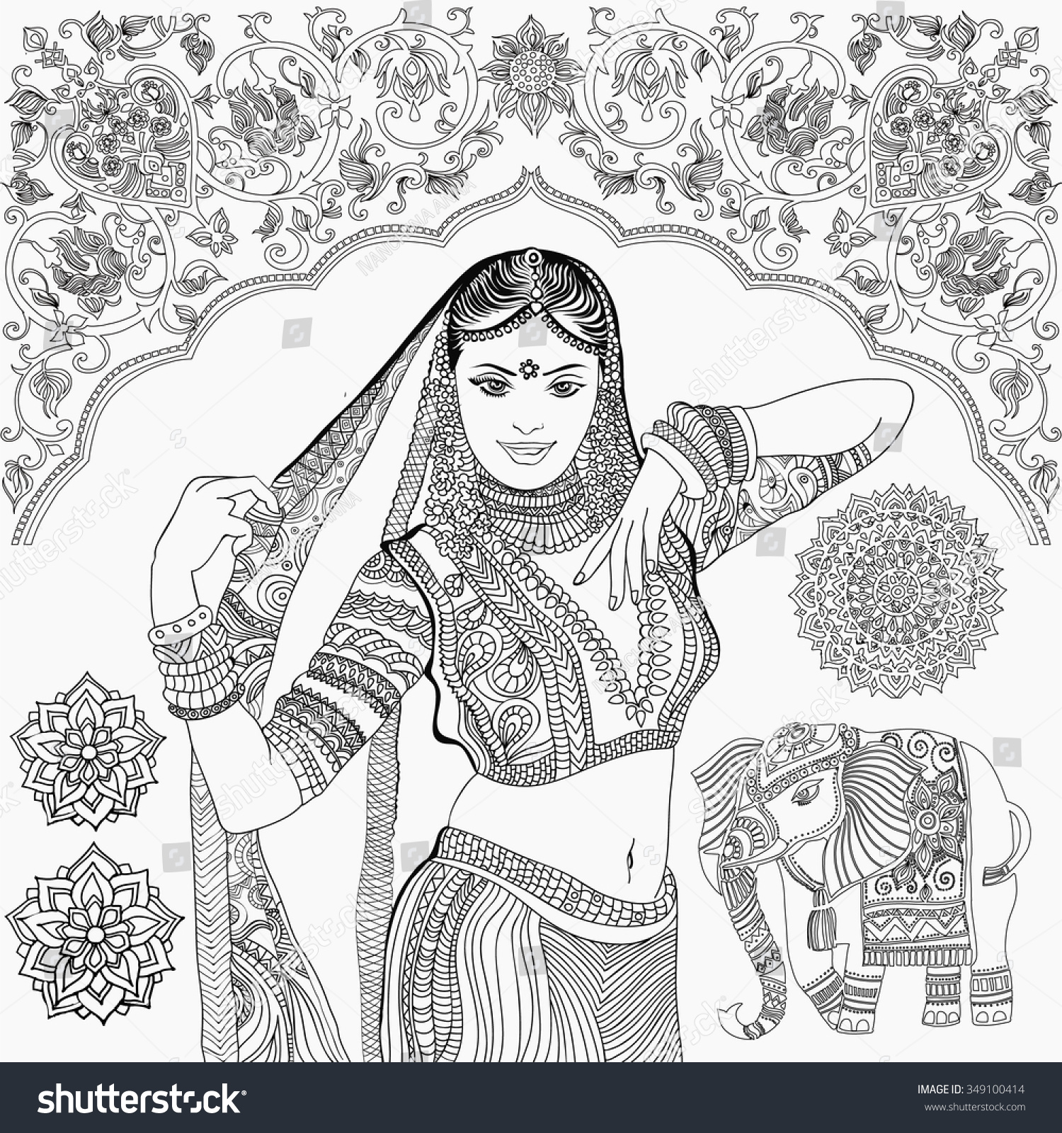 Beautiful Indian Woman. Black And White Illustration. Vector